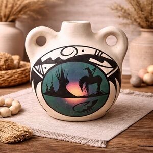 Native American Horse & Rider Navajo Water Vessel‎ Vase Jug Pottery